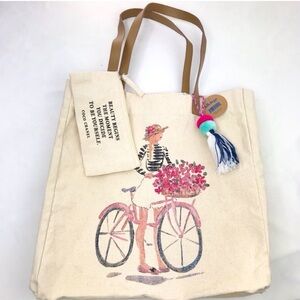 Chic Beth Briggs Canvas Tote & Zip Pouch Set.  Fun Bicycle Print New!